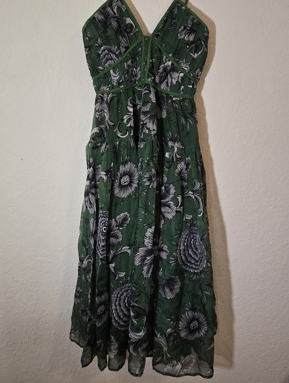 Anthropologie Green Floral Midi Dress Small Smocked Back Sweetheart Boho Cottage - Picture 11 of 11